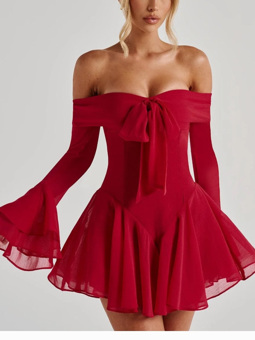 BabyBoo Red Off-Shoulder Bell Sleeve Romper